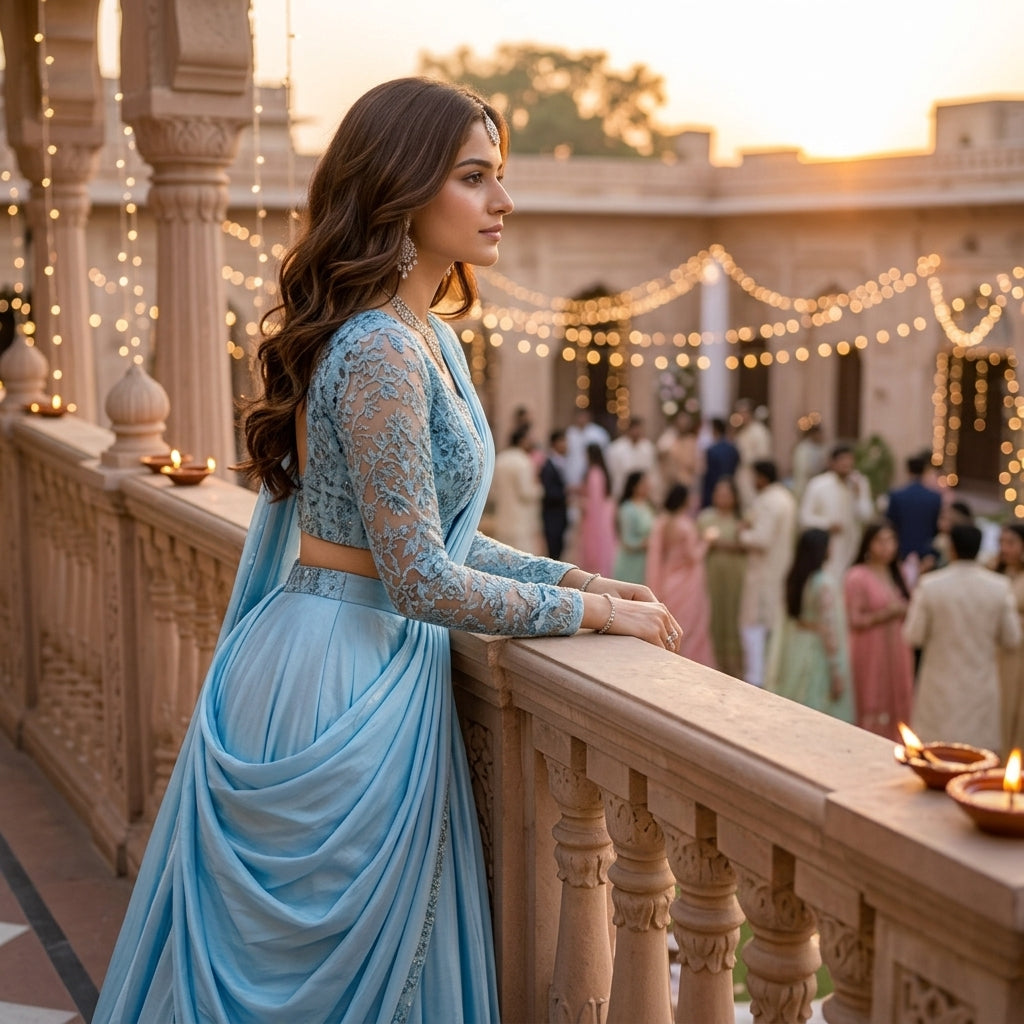 Ciyana Blue Armani Satin Silk Ready-to-Wear Saree with Stitched Blouse