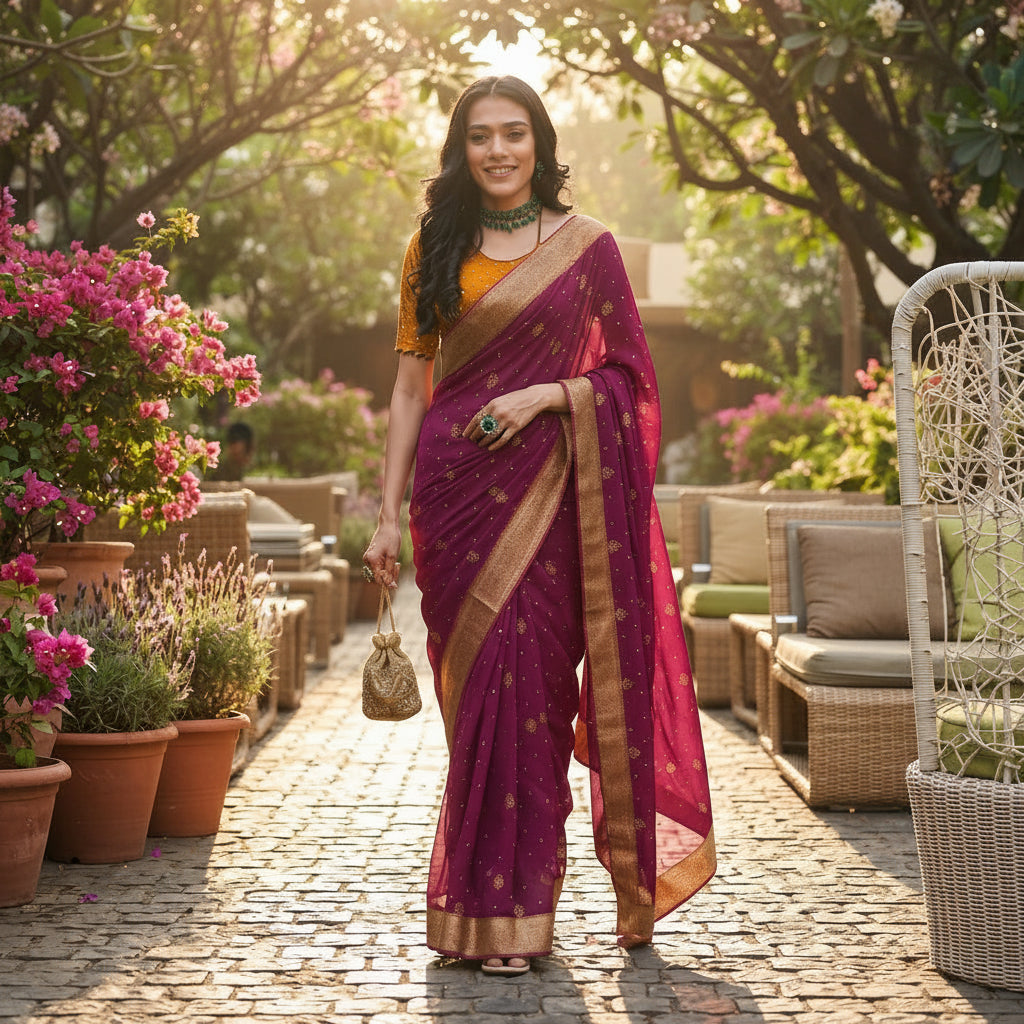 A woman stands outdoors on a stone pathway wearing a deep magenta-purple saree with gold zari embroidery and a bright orange blouse. The scene includes potted pink flowers, wicker furniture, and trees in the background, with a 'Stavvi Designer Sarees' logo in the top right corner.