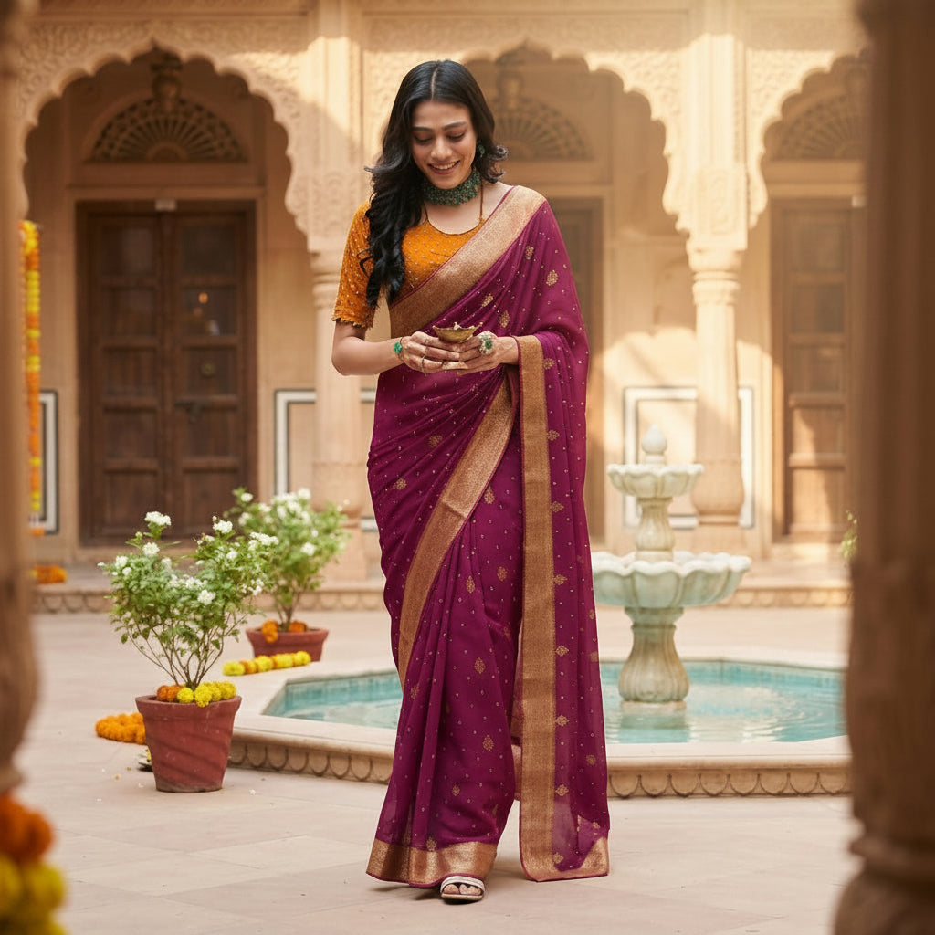 A woman wearing a deep purple saree with gold motifs and a gold-trimmed orange blouse, standing in a courtyard with arches and a fountain. The text 'Stavalli Dhwani DN-03' is visible in the top right corner.