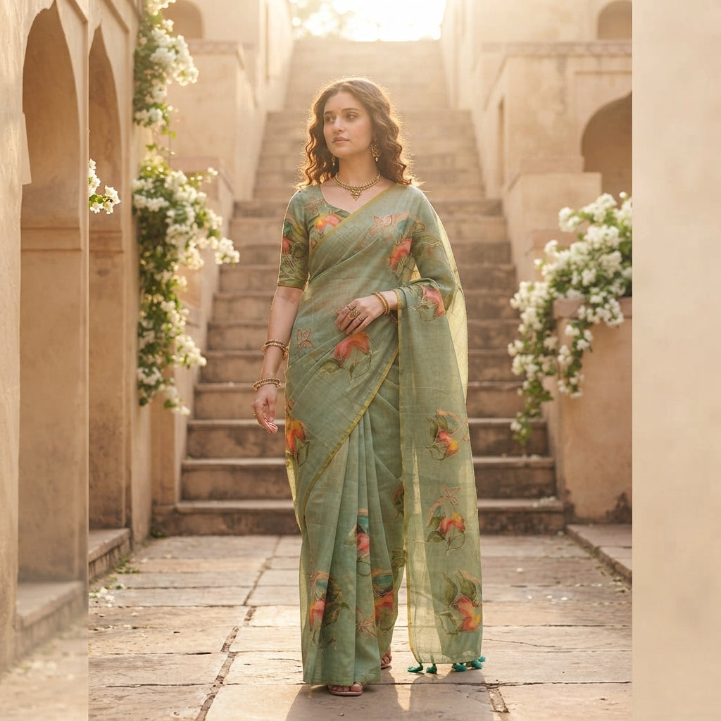 A woman stands in a sunlit stone corridor wearing a sage green saree with orange and yellow floral motifs. The setting features arches, stone steps, and white flower arrangements.