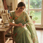 A woman seated at a wooden table in a sunlit room, wearing a light sage green saree with floral prints and a matching blouse while holding a paintbrush.