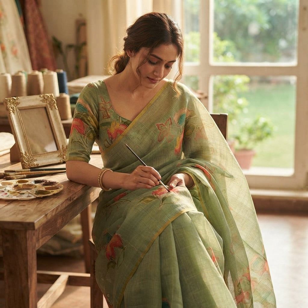 A woman seated at a wooden table in a sunlit room, wearing a light sage green saree with floral prints and a matching blouse while holding a paintbrush.