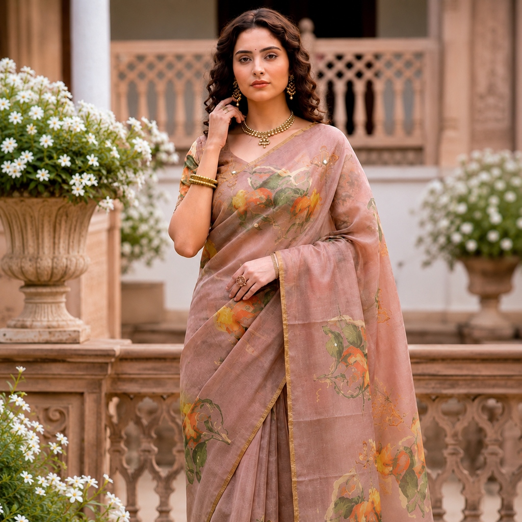 A woman wearing a sheer dusty pink saree with orange and green floral prints, standing in an outdoor courtyard with potted white flowers and a stone railing behind her.