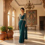 A woman stands in a sunlit palace corridor wearing a teal traditional dress with a heavily embroidered dark blue bodice and sheer patterned sleeves. The setting features ornate arches, a chandelier, a large framed painting, and potted plants.