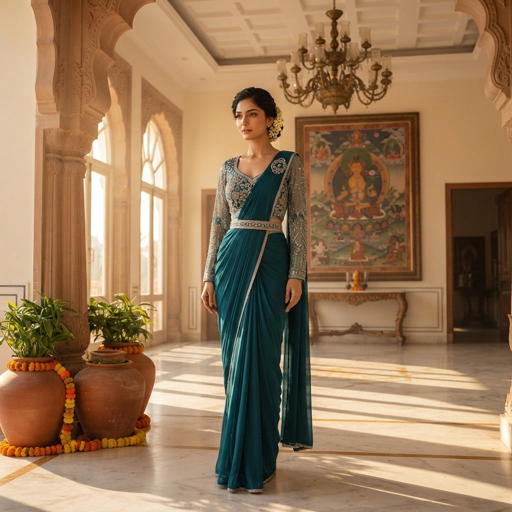 A woman stands in a sunlit palace corridor wearing a teal traditional dress with a heavily embroidered dark blue bodice and sheer patterned sleeves. The setting features ornate arches, a chandelier, a large framed painting, and potted plants.