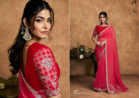 Organza Satin Embroidered Saree with Unstitched Blouse