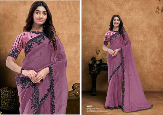 Organza Satin Embroidered Saree with Unstitched Blouse