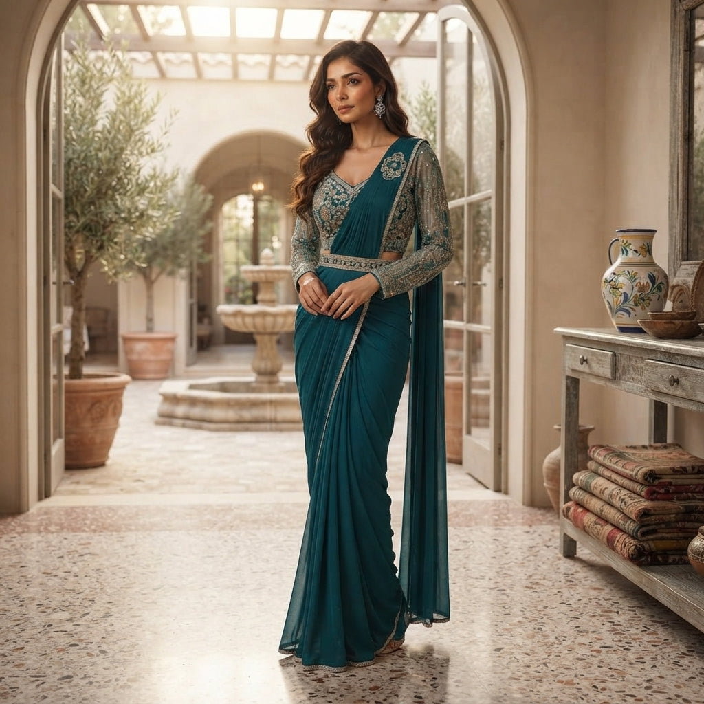 A woman stands in an elegant courtyard wearing a teal sari with a heavily embroidered light blue and silver blouse. The setting features arched doorways, potted olive trees, and a stone fountain in the background.