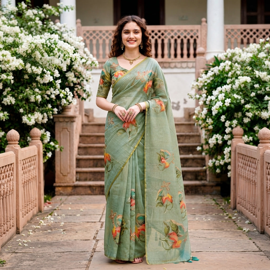 A woman stands outdoors in a courtyard wearing a sage green saree with orange and yellow floral prints. The background features stone steps, white flowering bushes, and a traditional building.