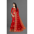 Women's Net Saree With Blouse (Red, 5-6Mtrs)