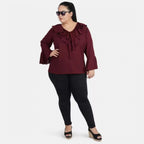 Women's Casual Bell Sleeve Solid Maroon Top (Color:Maroon, Material:Georgette)
