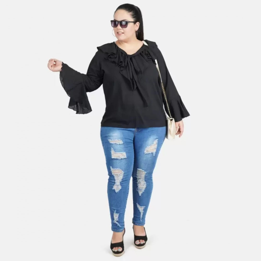 Women's Casual Bell Sleeve Solid Black Top (Color:Black, Material:Georgette)