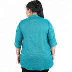 Women's Casual Three Fourth Sleeve Embroidered Light Green Top (Color:Light Blue, Material:Cotton Linen Blend)