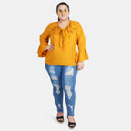 Women's Casual Bell Sleeve Solid Yellow Top (Color:Yellow, Material:Georgette)