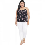 Women's Casual Floral Print Black Top (Color:Black, Material:Polyester)