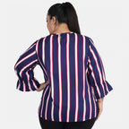 Women's Casual Bell Sleeve Striped Blue Top (Color:Blue, Material:Crepe)