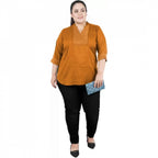 Women's Casual Three Fourth Sleeve Embroidered Yellow Top (Color:Yellow, Material:Cotton Linen Blend)