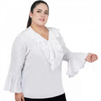 Women's Casual Bell Sleeve Solid White Top (Color:White, Material:Georgette)