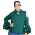 Women's Casual Bell Sleeve Solid Green Top (Color:Green, Material:Crepe)
