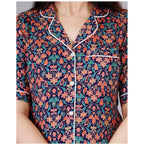 Women's Casual Half Sleeve Printed Viscose Rayon Shirt With Pyjama Pant Night Suit Set (Blue)
