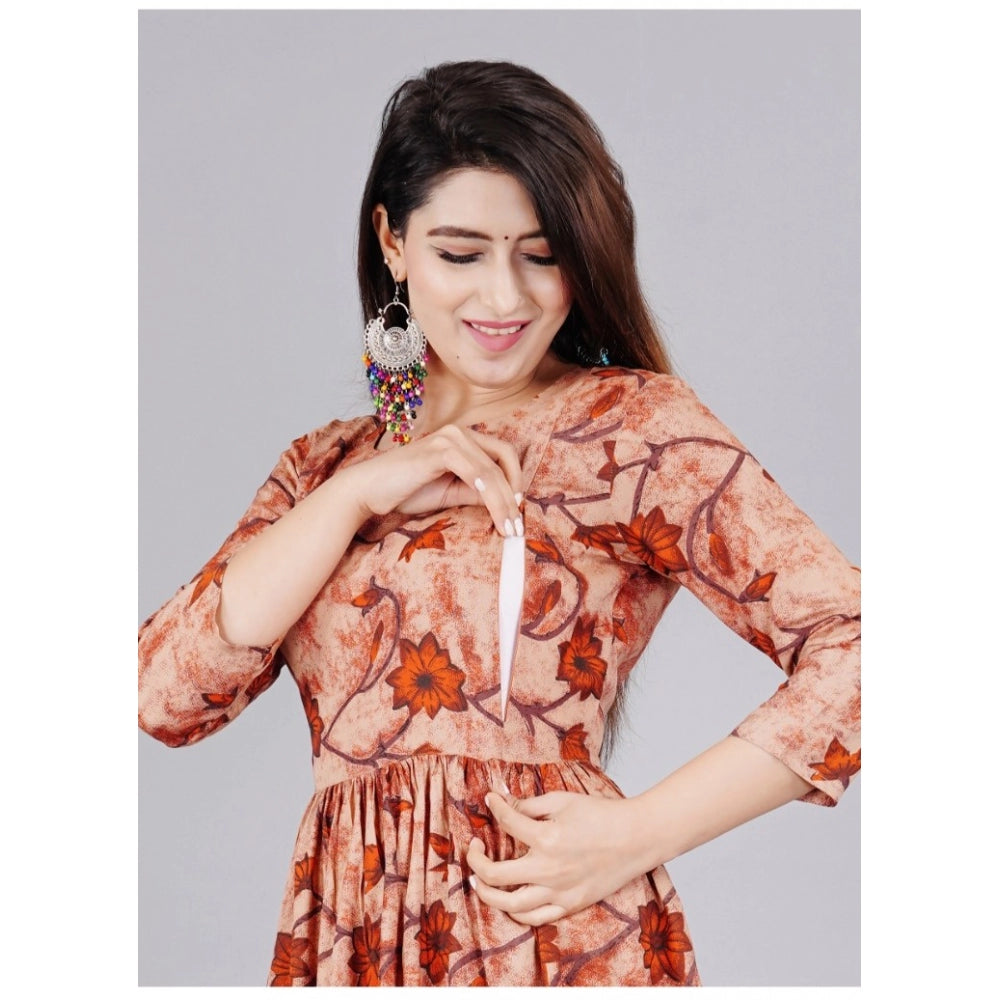 Women's Casual 3/4 Sleeve Printed Viscose Nursing Kurti (Brown)