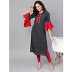 Women's Casual Bell Sleeves Mirror Work Cotton Slub Kurti (Grey)