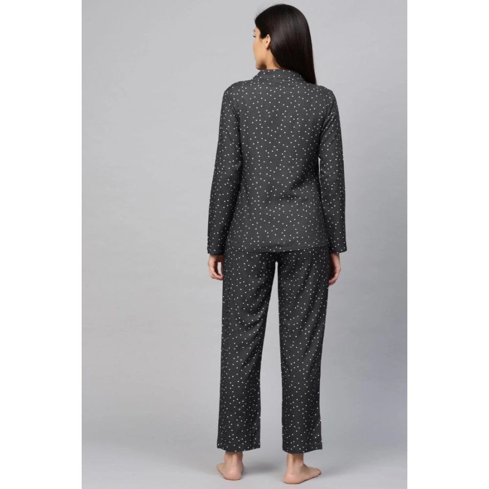 Women's Casual Full Sleeves Polka Dot Printed Rayon Shirt With Pyjama Pant Night Suit Set (Grey)