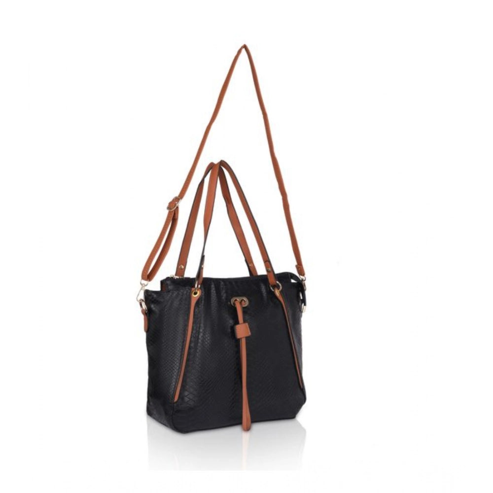 Women's Faux Leather Textured Tote Bag (Black)