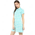 Women's Rayon Checkered Short Sleeve Above Knee Dress (SkuBlue - White)