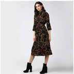 Women's Polyester Chain Print Roll Up Sleeve Below Knee Dress (Black - Yellow)