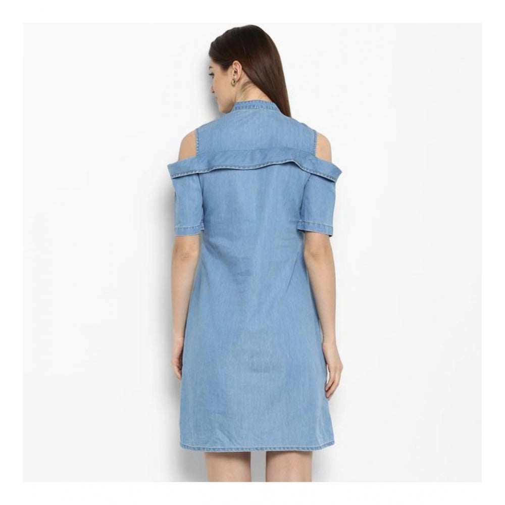 Women's Denim Solid Cold Shoulder Above Knee Dress (Blue)