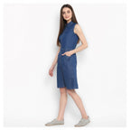 Women's Denim Solid Sleeveless Above Knee Dress (Blue)