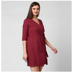 Women's Cotton Solid 3-4th Sleeves Above Knee Dress (Maroon)
