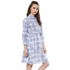 Women's Cotton Checkered Roll Up Sleeve Above Knee Dress (Blue)