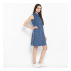 Women's Denim Solid Sleeveless Above Knee Dress (Blue)