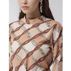 Women's Polyester Checkered Long Sleeves Above Knee Dress (Off White - Brown)