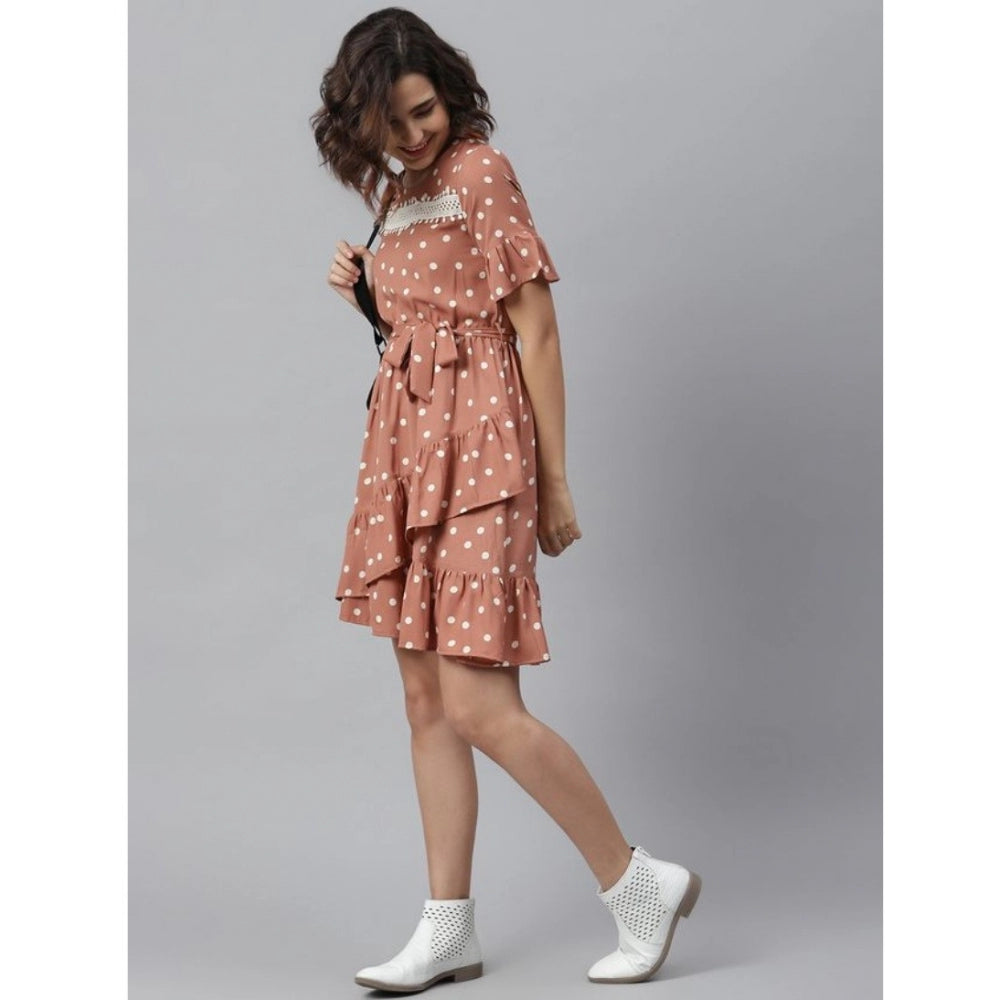 Women's Polyester Polka Bell Sleeve Above Knee Dress (Brown)