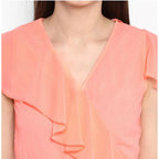 Women's Polyester Ruffled Cap Sleeve Below Knee Dress (Neon Pink)