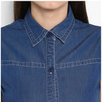 Women's Denim Solid Sleeveless Above Knee Dress (Blue)