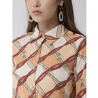Women's Polyester Printed Roll Up Sleeve Above Knee Dress (Off White - Brown)