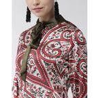 Women's Polyester Printed Long Sleeves Above Knee Dress (Red)