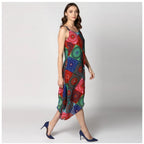 Women's Polyester Asymmetrical Shoulder Straps Knee-Length Dress (Multicolor)