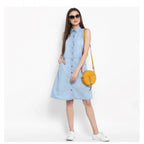 Women's Denim Solid Sleeveless Below Knee Dress (Blue)