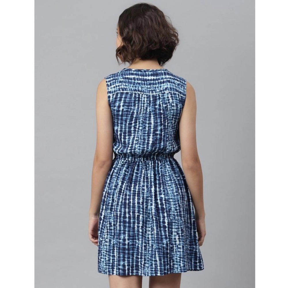 Women's Rayon Tie &amp; Dye Sleeveless Above Knee Dress (Blue)