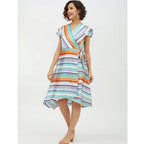 Women's Satin Striped Short Sleeve Knee-Length Dress (Multicolor)