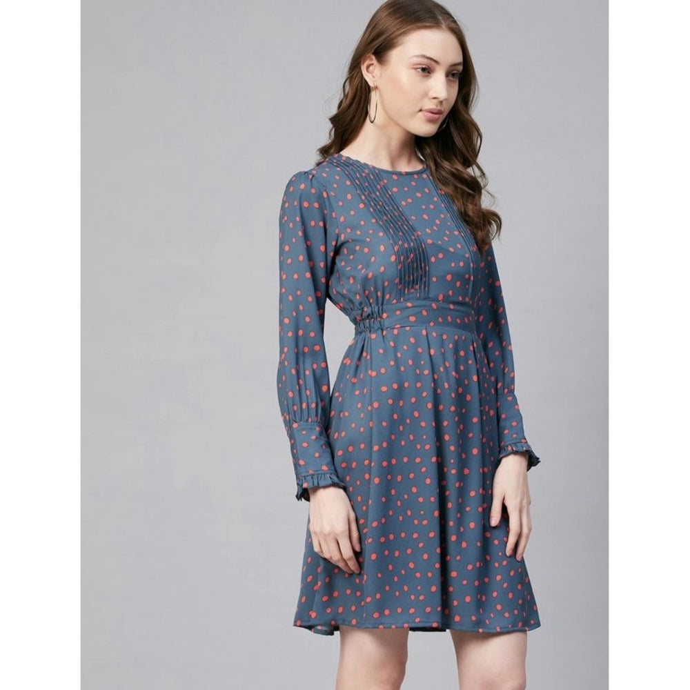 Women's Polyester Polka Long Sleeves Above Knee Dress (Grey - Coral)