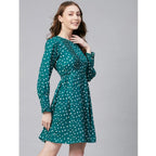 Women's Polyester Polka Long Sleeves Above Knee Dress (Green - White)