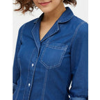 Women's Denim Solid Long Sleeves Above Knee Dress (Blue)