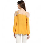 Women's Rayon Embellished Cold Shoulder Regular Top (Mustard Yellow)