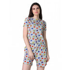 Women's Cotton Blended Printed Round Neck Half Sleeve Top - Shorts Set (Grey)